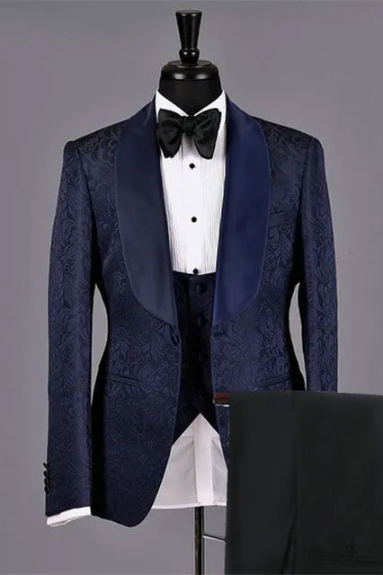 Popular Dark Navy Jacquard Shawl Lapel Wedding Suits With Waistcoat