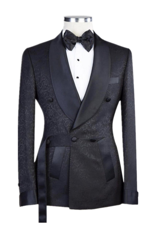 Modern Black Jacquard Double Breasted Shawl Lapel Wedding Suits