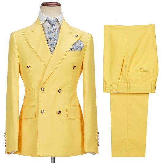 Cool Yellow Peaked Lapel Double Breasted Wool Prom Men Suits