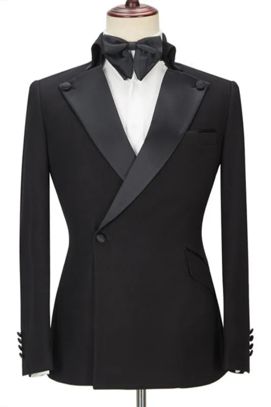 Classical Black One Button Peaked Lapel Wool Business Men Suits