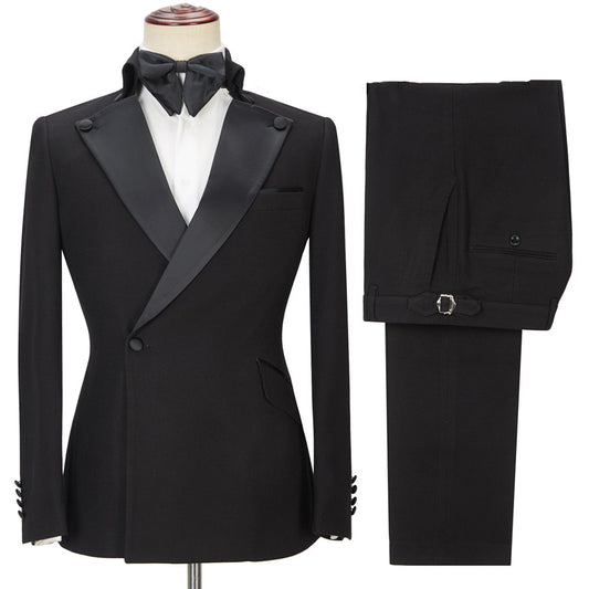 Classical Black One Button Peaked Lapel Wool Business Men Suits