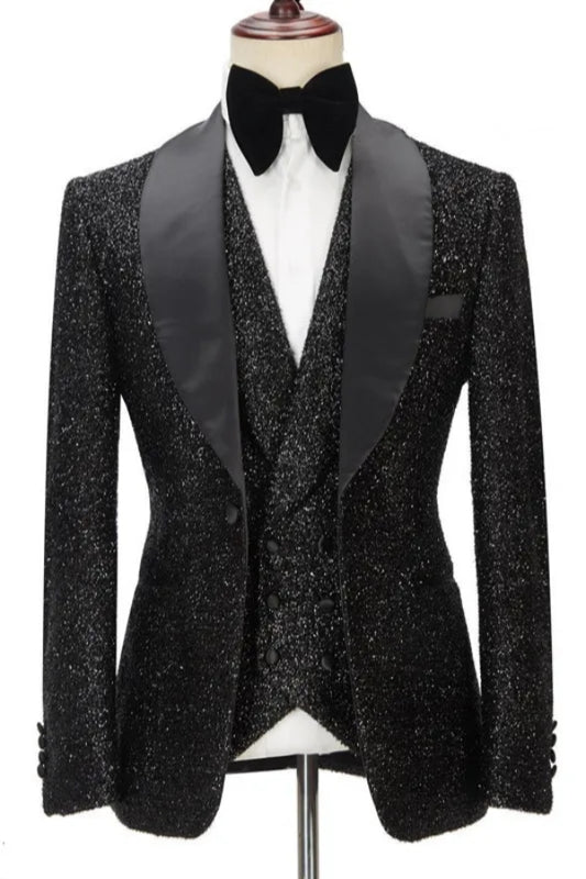 Bespoke Black Sequins 3 Pieces Shawl Lapel Wedding Suits