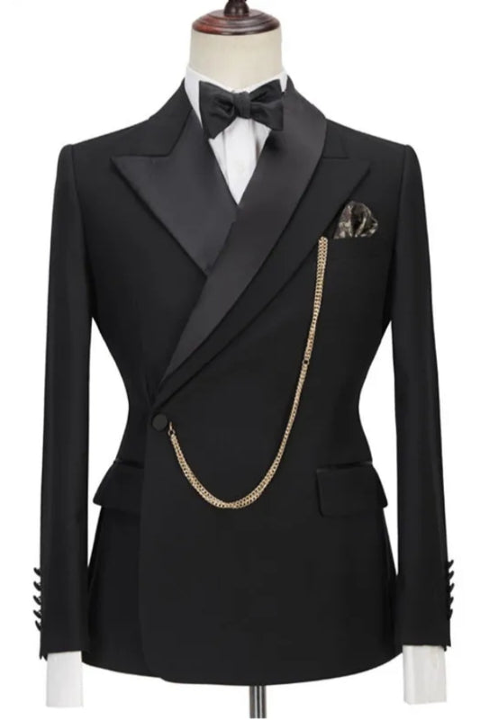 Black Handsome One Button Peaked Lapel Wool Business Suits