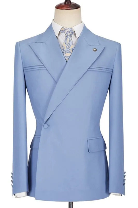 Haze Blue Peaked Lapel One Button Wool Prom Suits