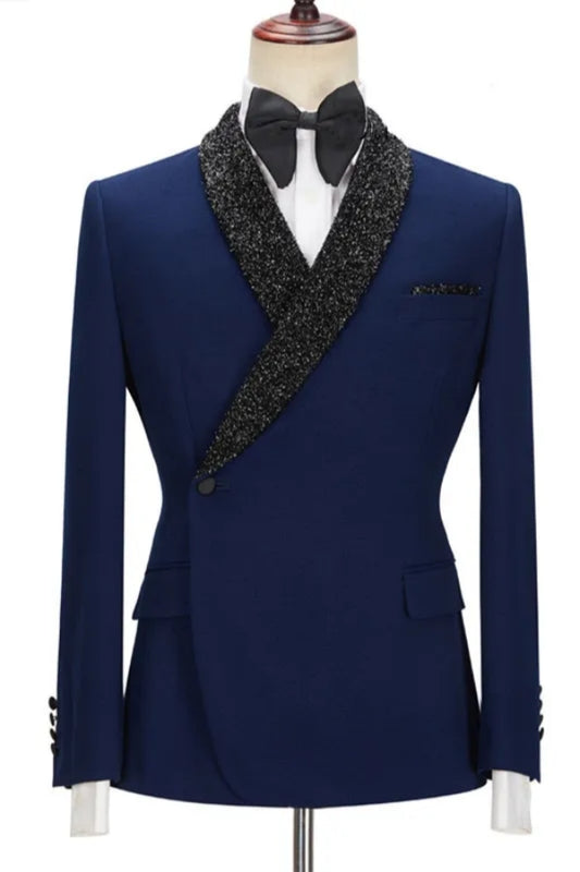 Stylish Dark Navy Shawl Lapel One Button Wool Prom Suits