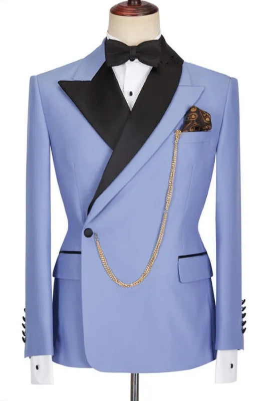 Latest Blue Peaked Lapel One Button Wool Prom Suits