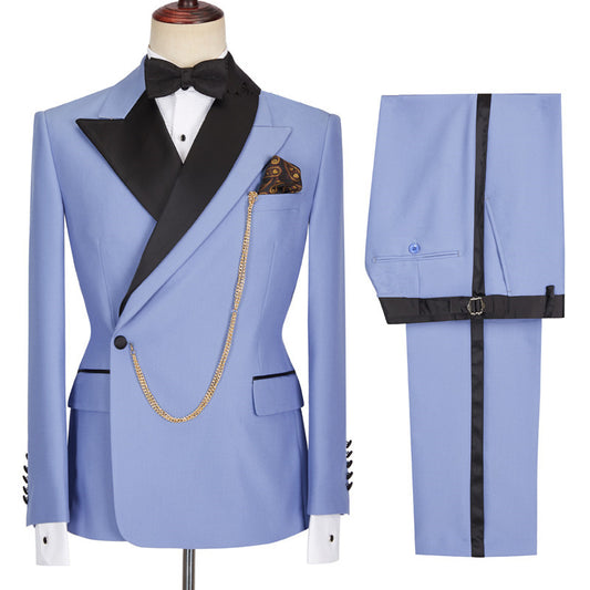Latest Blue Peaked Lapel One Button Wool Prom Suits