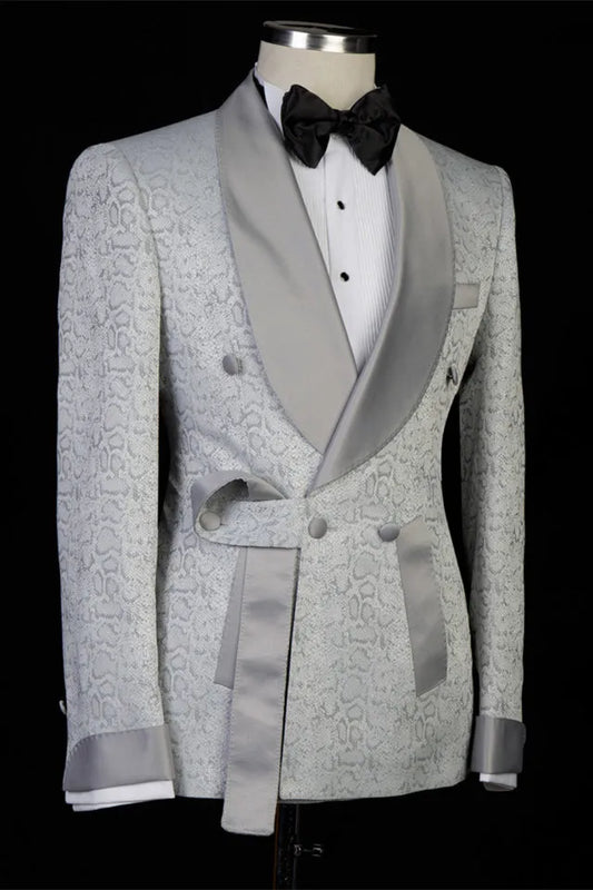 Fancy Silver Gray Jacquard Double Breasted Shawl Lapel Wedding Suits