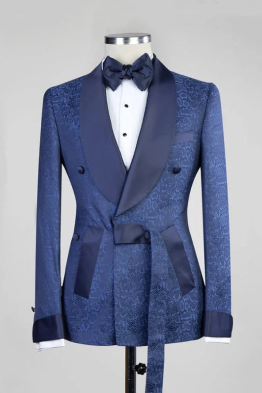 Stylish Dark Navy Jacquard Double Breasted Shawl Lapel Wedding Suits