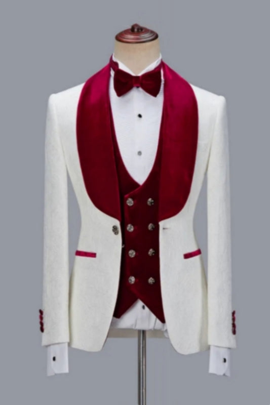 White Jacquard 3 Pieces Burgundy Velvet Shawl Lapel Wedding Suits