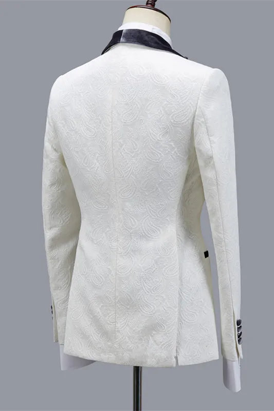 Modern White Jacquard Gray Velvet Shawl Lapel Best Fitted Wedding Suits