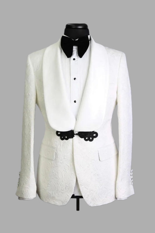 Handsome White Newest Jacquard Shawl Lapel Wedding Suits