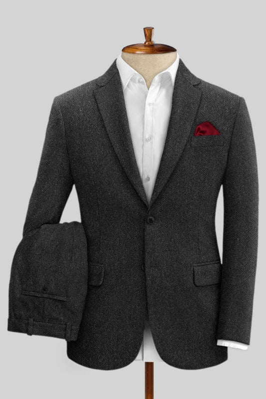 Charcoal Herringbone Notched Lapel Wool Business Men Suits