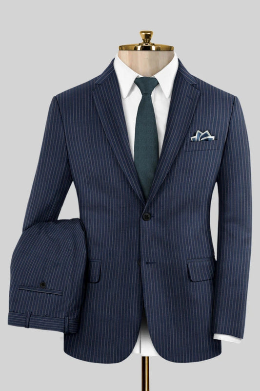 Fancy Blue Striped Notched Lapel Wool Business Suits