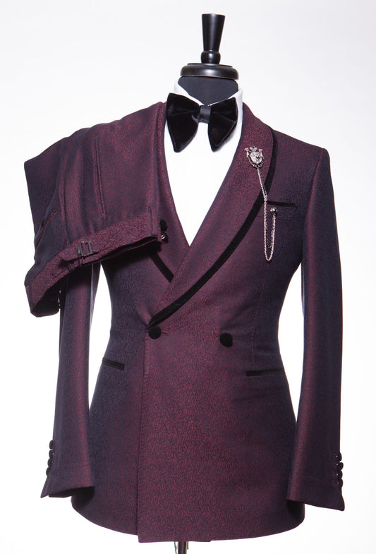 Purple Jacquard Double Breasted Shawl Lapel Wedding Suits With Belt