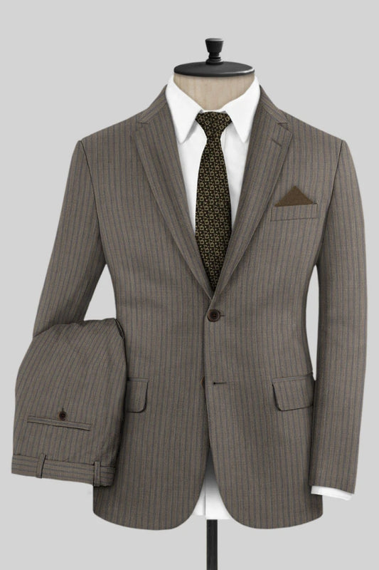 Formal Brown Striped Notched Lapel Wool Men Suits