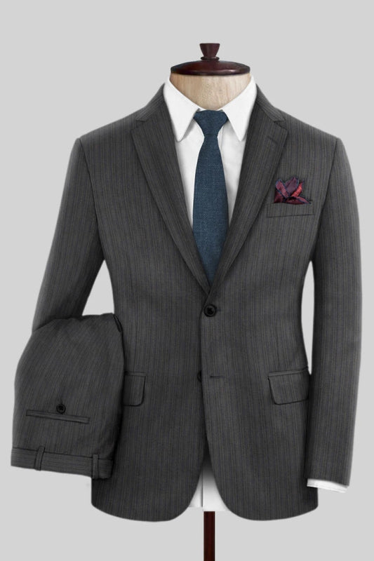 Handsome Gray Striped Notched Lapel Wool Business Men Suits