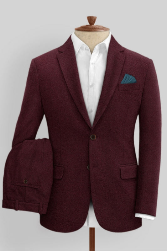 Glamorous Burgundy Notched Lapel Wool Business Suits
