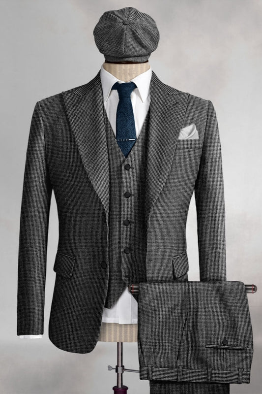 Formal Gray Plaid Peaked Lapel Wool Men Suits