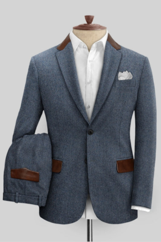 Popular Blue Herringbone Notched Lapel Wool Business Men Suits