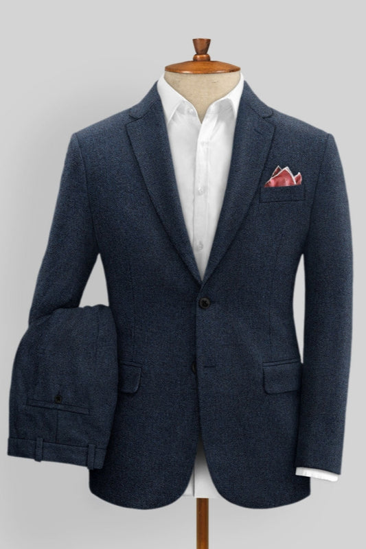 Modern Navy Blue Notched Lapel Wool Business Men Suits