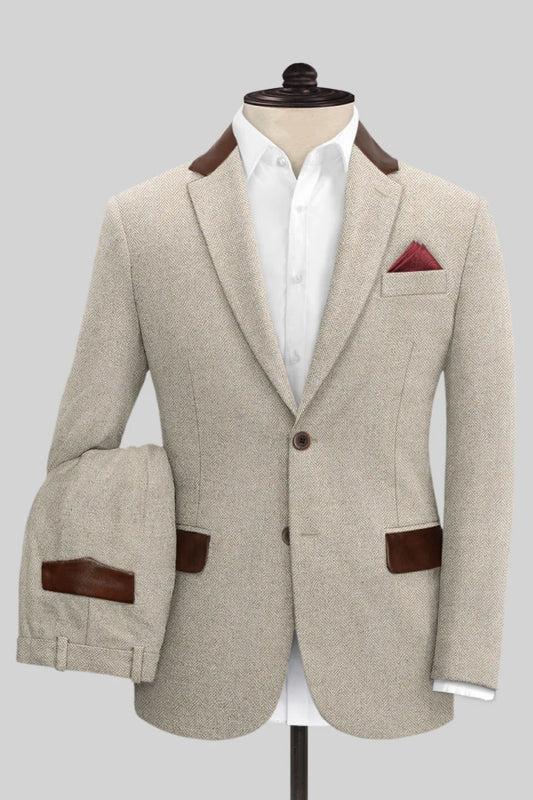 Fashion Beige Herringbone Notched Lapel Wool Business Men Suits