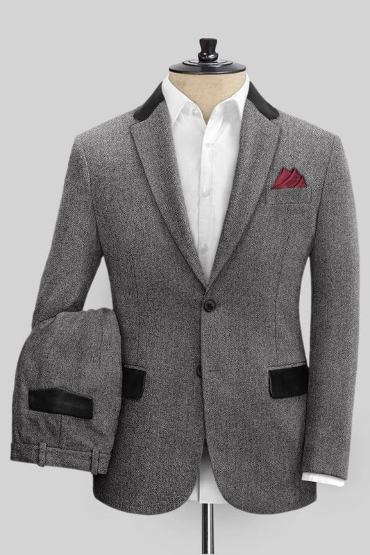 Bespoke Gray Herringbone Notched Lapel Wool Prom Men Suits
