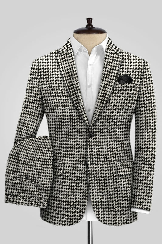 Fashion Black Houndstooth Notched Lapel Wool Prom Men Suits