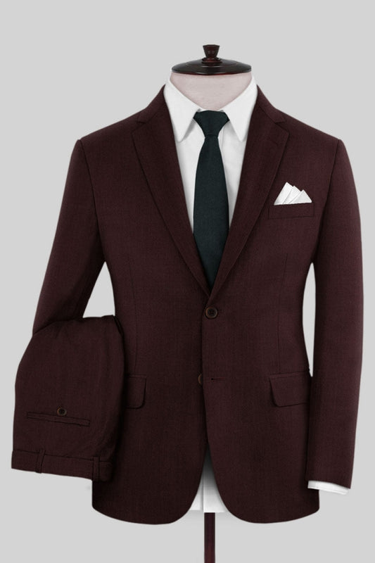 Handsome Burgundy Notched Lapel Wool Prom Suits