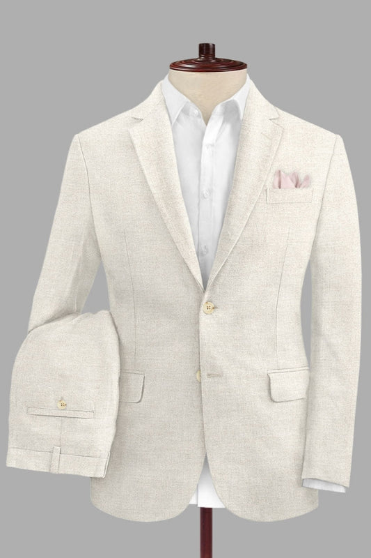 Fancy Off-White Notched Lapel Linen Business Men Suits