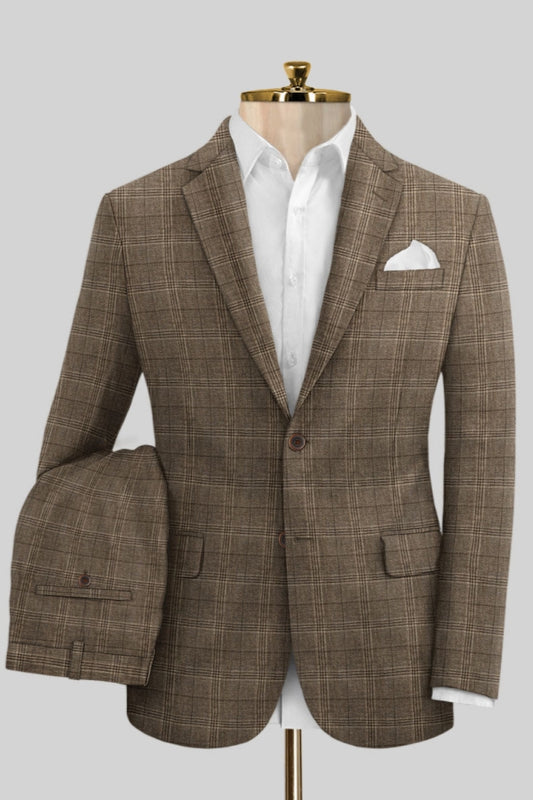 Classical Brown Plaid Notched Lapel Business Suits