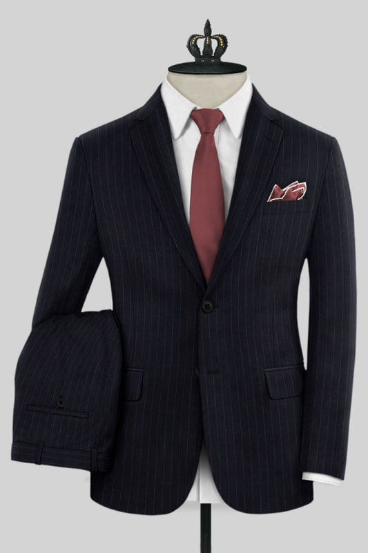 Chic Dark Navy Striped Notched Lapel Business Suits