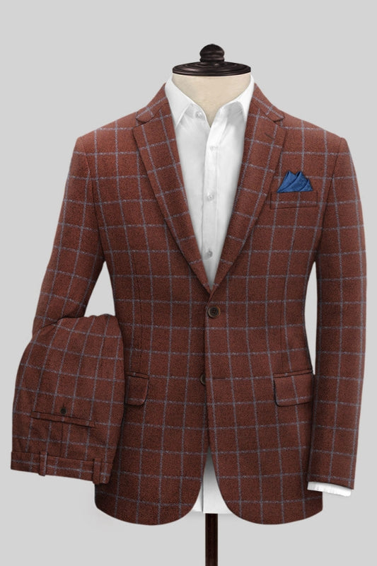 Fancy Red Plaid Notched Lapel Business Suits