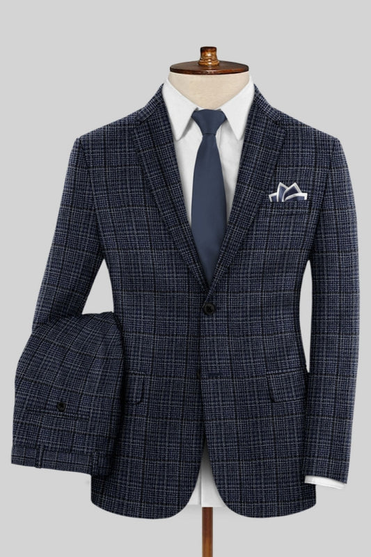 Trendy Dark Blue Plaid Notched Lapel Business Suits
