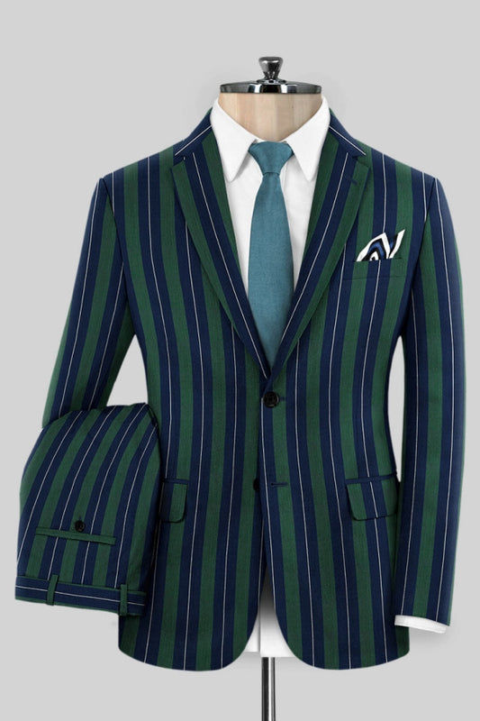 Bespoke Green Striped Notched Lapel Prom Men Suits
