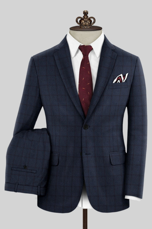 Close Fitting Dark Blue Plaid Notched Lapel Business Men Suits