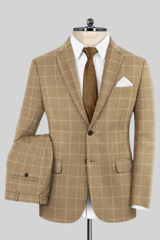 Bespoke Khaki Plaid Notched Lapel Business Men Suits