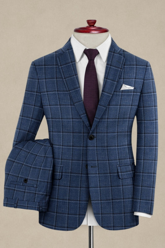 Chic Blue Plaid Notched Lapel Business Men Suits