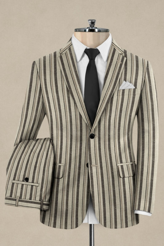 Chic Light Khaki Striped Notched Lapel Business Suits