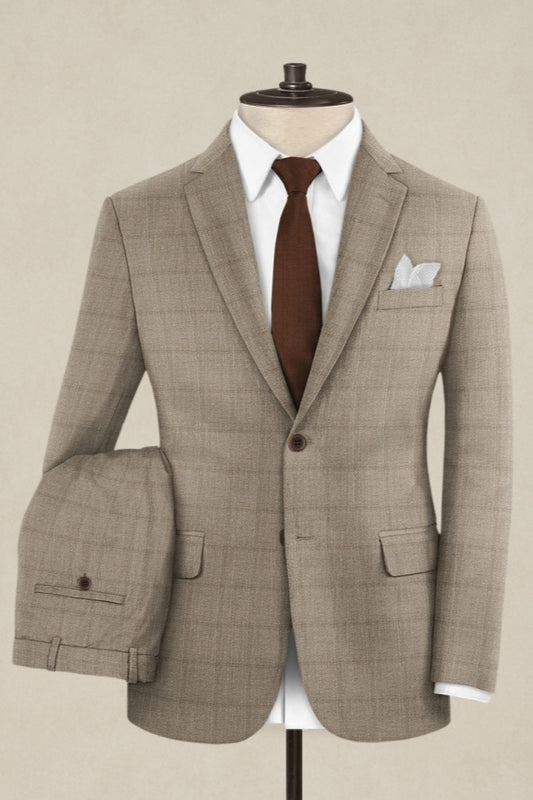 Gentle Khaki Plaid Notched Lapel Business Men Suits