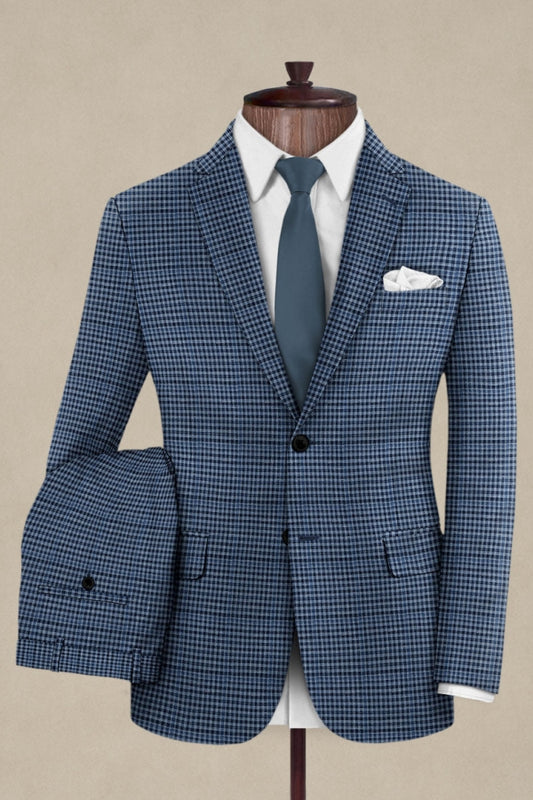 Slim Fit Blue New Arrival Plaid Notched Lapel Business Suits