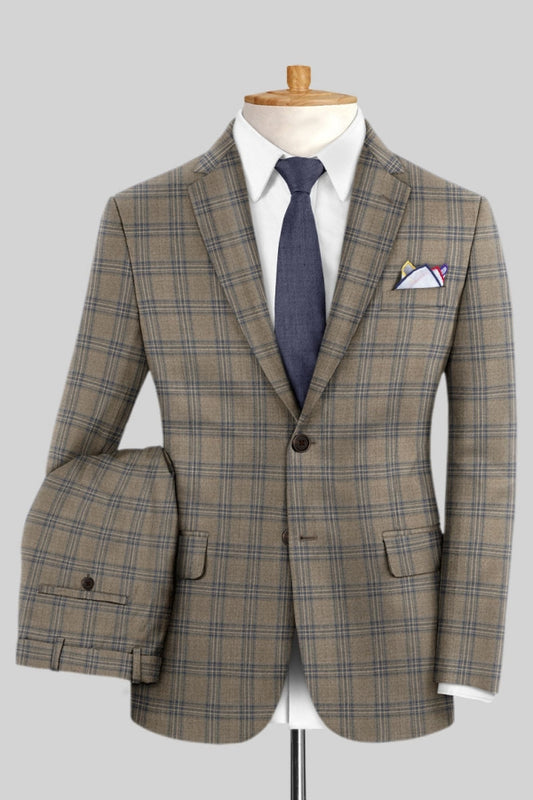 Light Khaki Brown Plaid Notched Lapel Business Suits