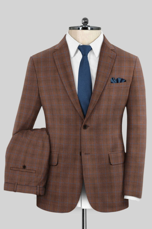 Modern Rust Brown Plaid Notched Lapel Business Suits