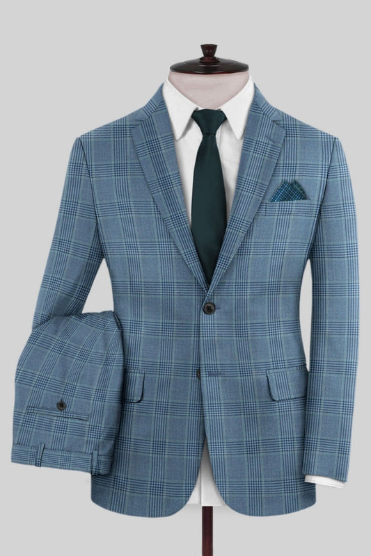 Trendy Blue Plaid Notched Lapel Business Suits