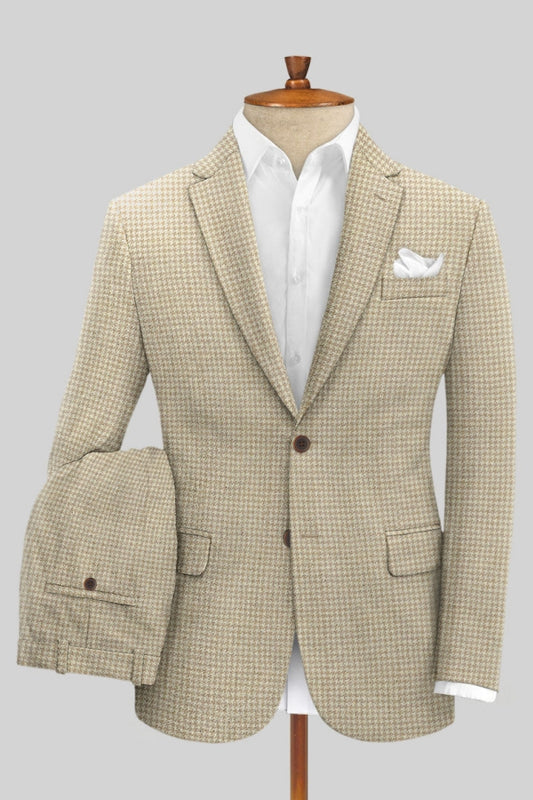 Chic Beige Houndstooth Notched Lapel Business Suits