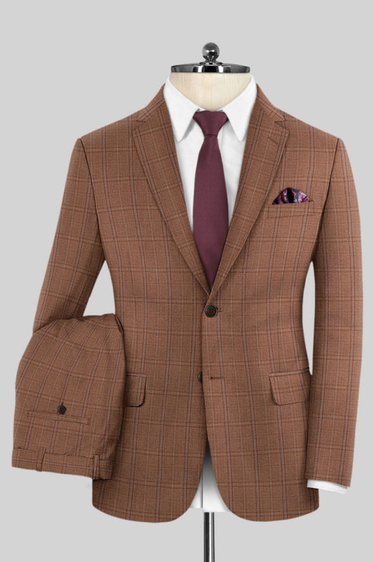 Newest Brown Plaid Handsome Notched Lapel Business Suits