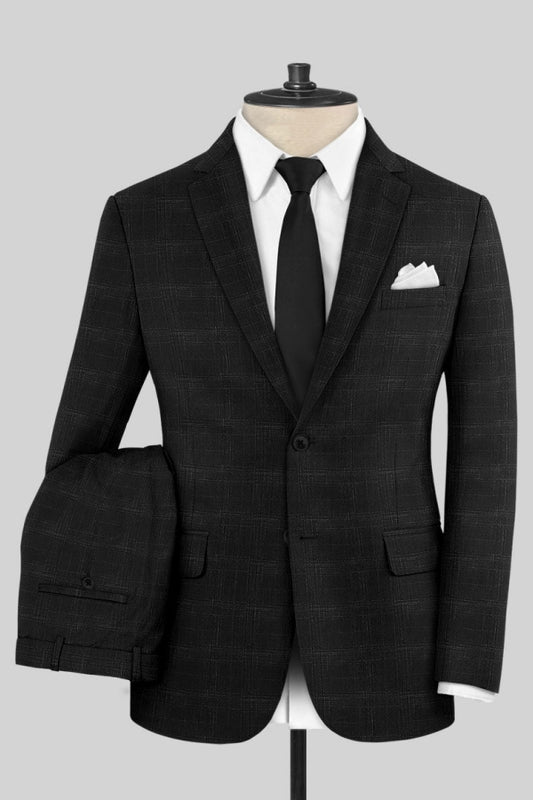 Classical Black Plaid Notched Lapel Business Suits