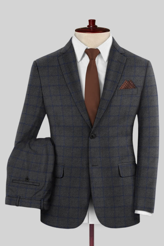 Trendy Dark Gray Plaid Notched Lapel Business Suits