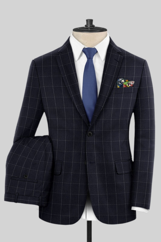 Popular Navy Newest Plaid Notched Lapel Business Suits