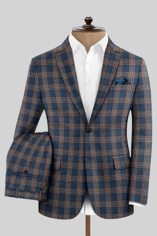 Close Fitting Blue Plaid Notched Lapel Business Men Suits